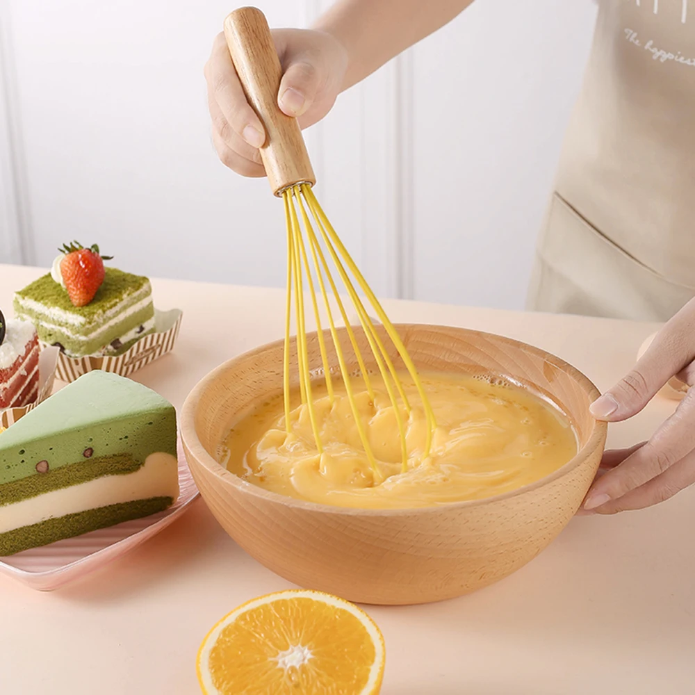 Egg Whisk Cream Stirrer Kitchen Egg Mixer Baking Tools Silicone Eggbeater With Wooden Handle