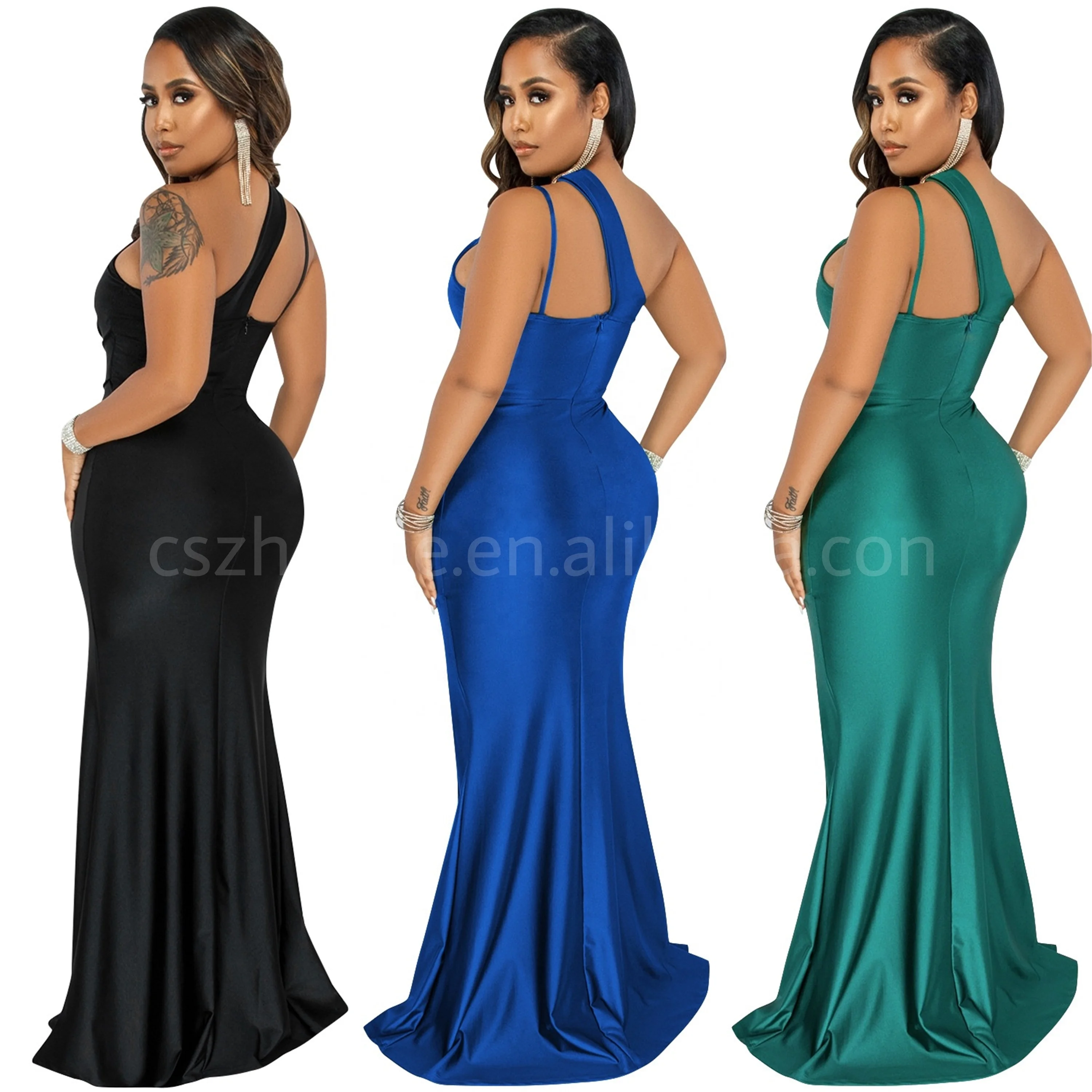 Summer 2024 One Shoulder Skew Neck High Side Split Midi Mermaid Lady Dresses Women Elegant Cut Out  Formal Evening Maxi Dress