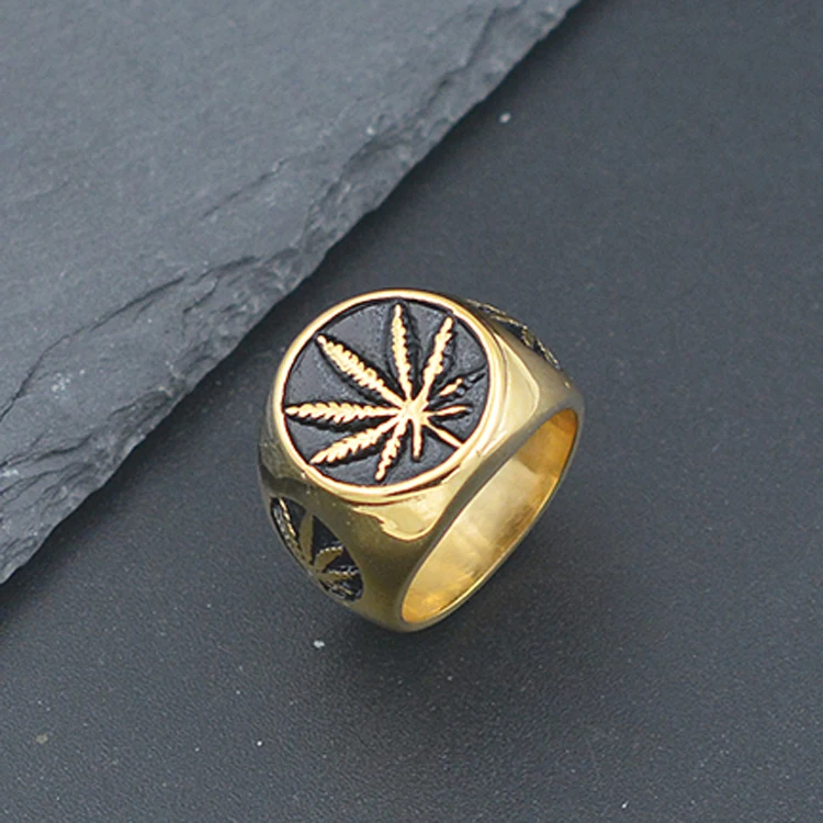 18k Gold Plated Leaf Pattern Hip Hop Trendy Women Stainless Steel Jewelry Fashion Rings Gold Ring Men