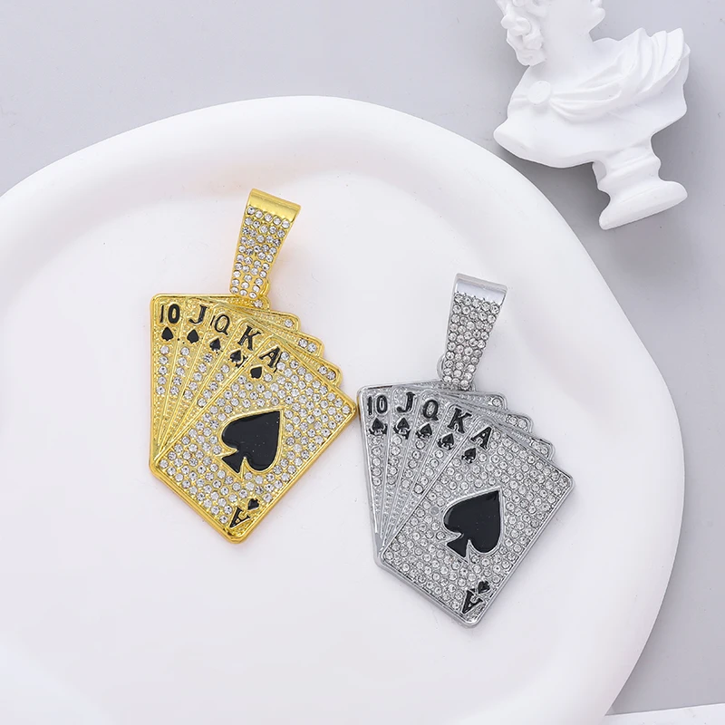 Hip hop Men Dunk Poker Pendant Chain Iced Out Rhinestone Cuban Game Charm Necklace Gold Plated Jewelry