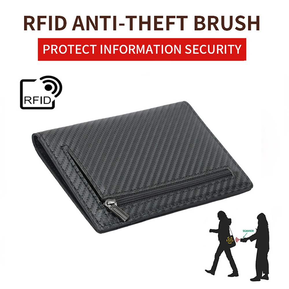 Good Quality Carbon Fiber Texture RFID Passport Holder Wallet with Zipper Coin Pocket, Leather Passport Holder Cover