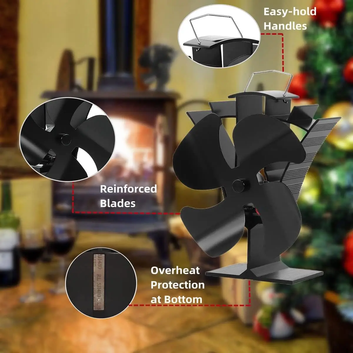 VODA Fireplace Fan Wood Stove Fan Heat Powered 4 Blade High Airflow Stove Fan For Wood Stove