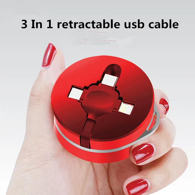 Huien Multi USB 3 in 1 Retractable Phone Data Cable 3A Fast Charging cable With Type-c And Micro USB And I Port