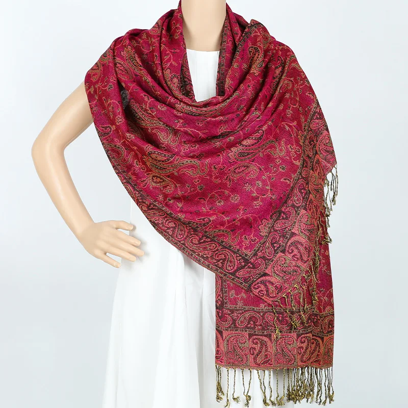 Wholesale Custom Logo Large Cashmere Jacquard Paisley Ethnic Scarf High Quality Acrylic Viscose Hijab Pashmina Shawl for Women
