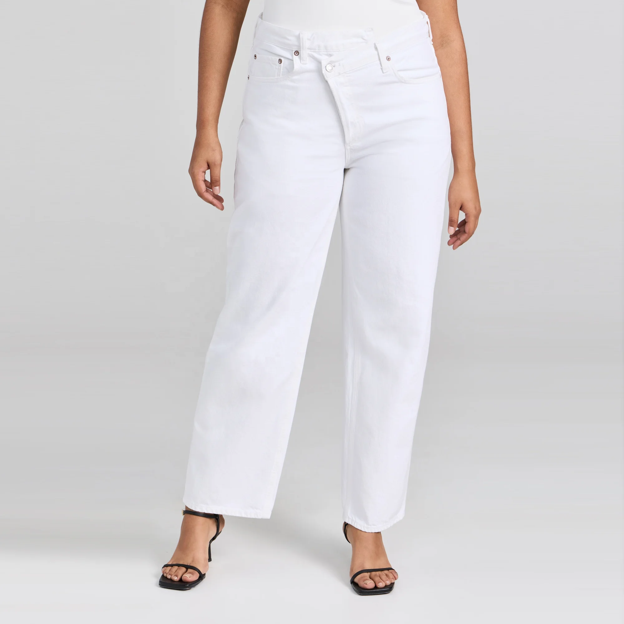 Pure white straight classic high waist cross women jeans
