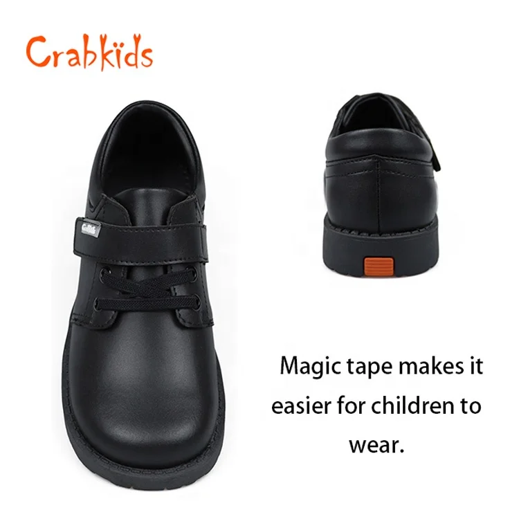 Crabkids Low Price Customized School Teenagers Boy Formal Occasion Uniform All Black Leather Kids Shoes