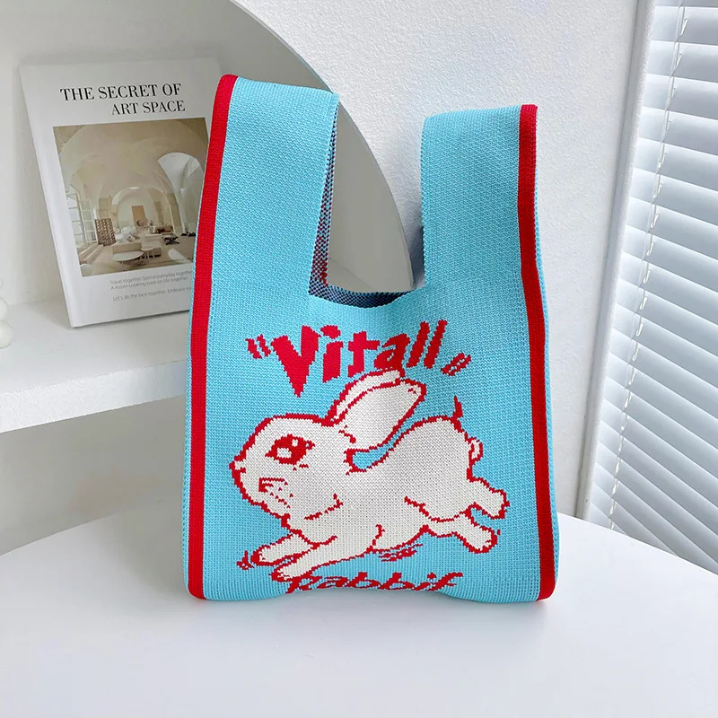 Brand Design Cute Rabbit Pattern Knitting Fabric Handbag Eco Small Shopping Bag Wool Crochet Tote Hand Bags for Women