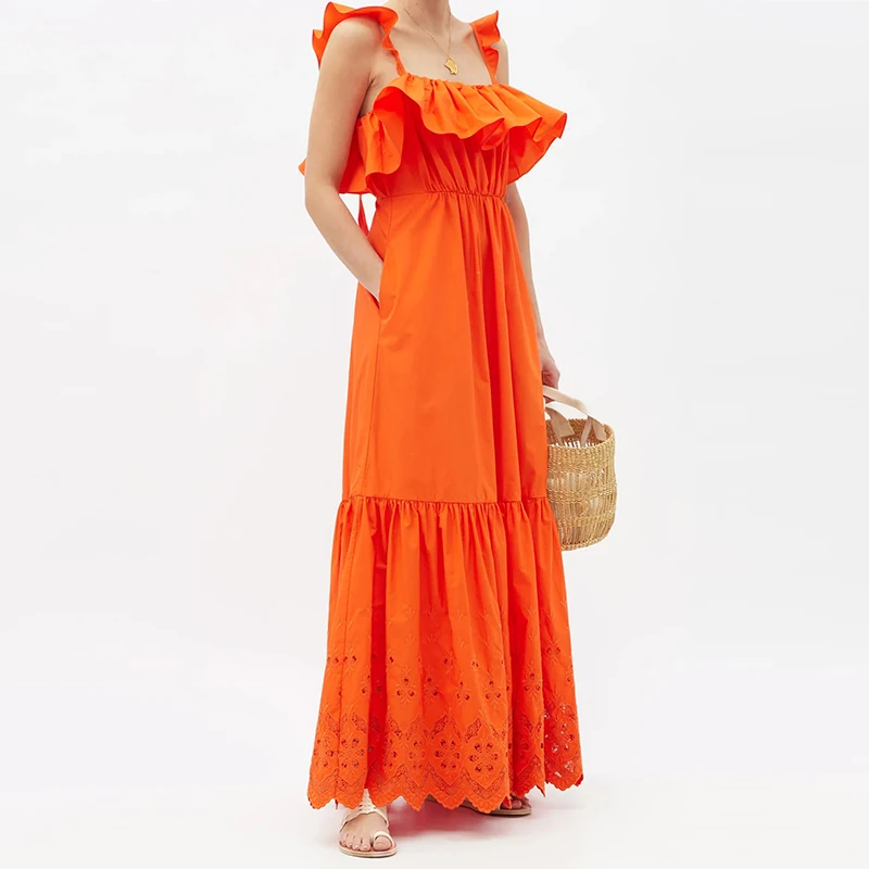 Wholesale 2021 Fashion Flounced Anglaise Cotton-poplin Maxi Dress For Women