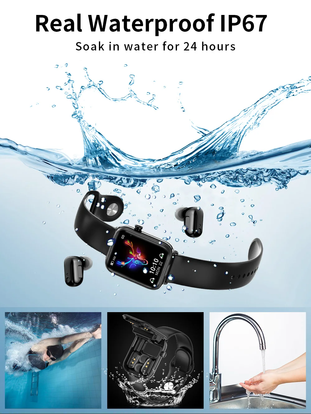 Smart watch fitness health heart rate Wireless 2 in 1 earbuds bracelet sport modes music earphone smart watch