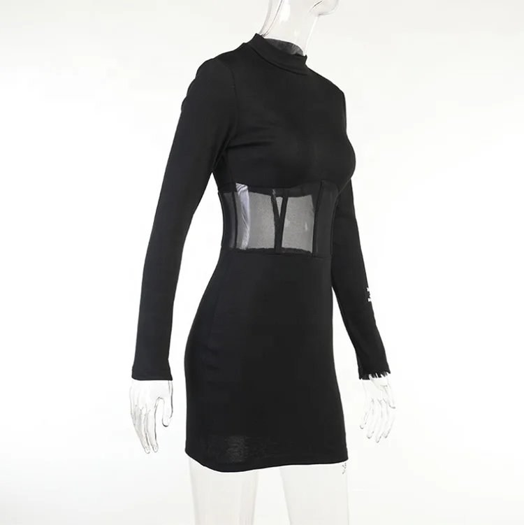 Hot Sale Black Turtleneck Long Sleeve Tight Party Wear Dress Mesh Patchwork Mini Sexy Dresses With Bodycon Buttocks For Women