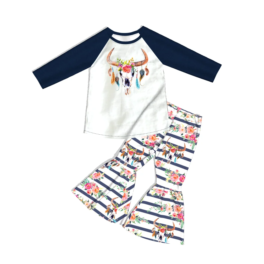 
Navy color full length sleeve cow skull printed baby boys romper custom design kids boutique romper 