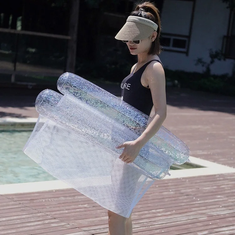 Hot selling inflatable swimming pool with hand push inflatable floating air chair, portable floating hammock