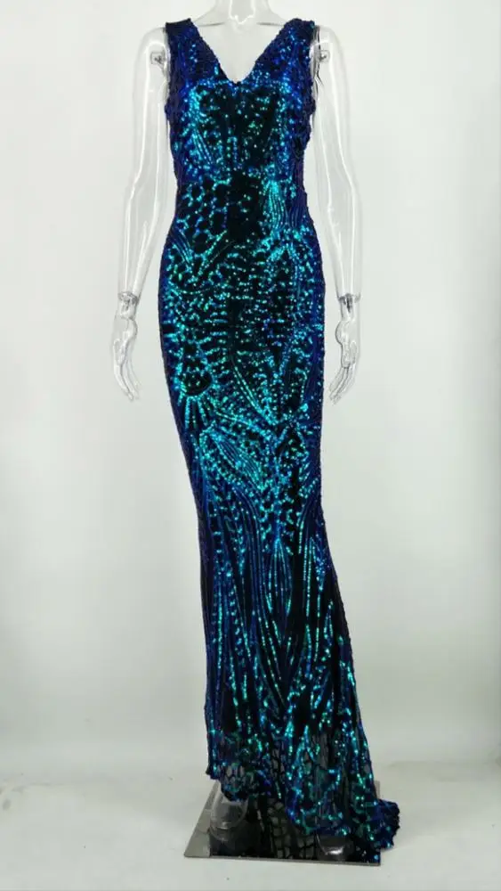 2019 Female Apparel Sequins V-Neck Sleeveless Mermaid Dress Evening Gown
