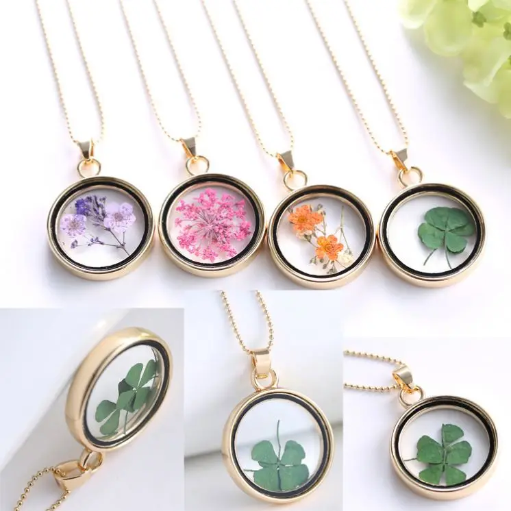 Hot sale Gold Chains Fashion Botanical Resin Jewelry Gold Plated Crystal Dried Flowers Rosary Pendant Necklaces For Girls