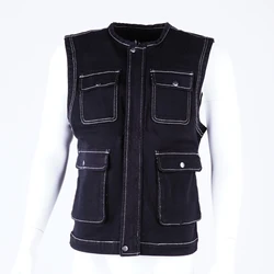 SKYKINGDOM gz longchan custom logo jean vest street wear black jeans vest stylish pockets jeans vest men