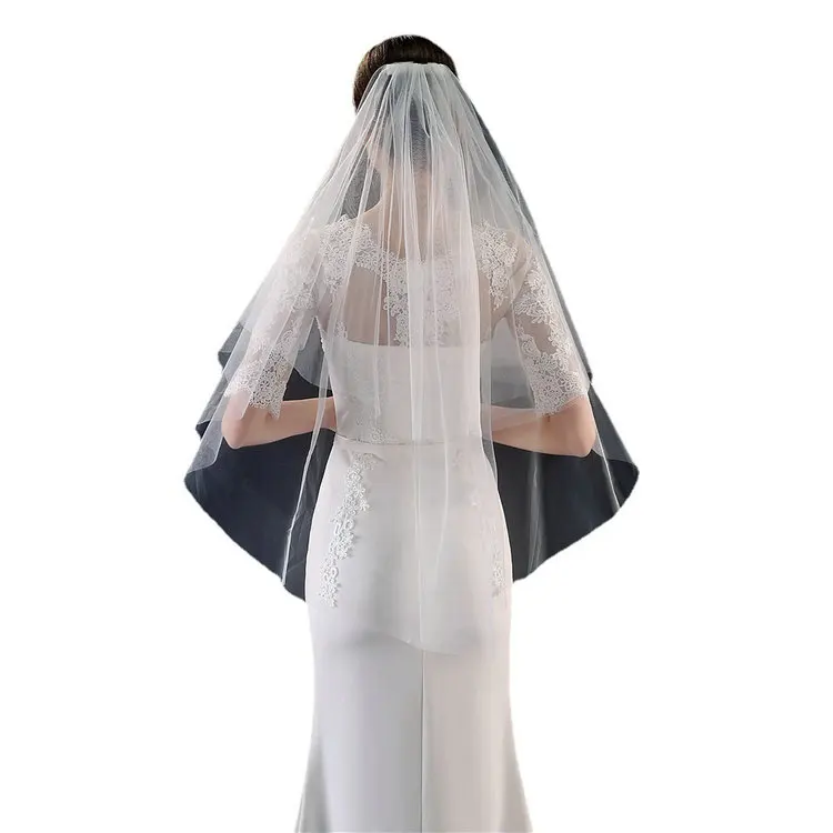 QS wholesale cheaper two layer party Wedding Bridal Veil with Comb White Ivory Cut Edge Waltz Length