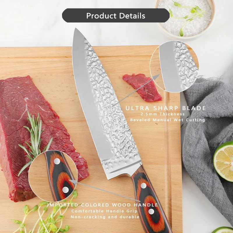 15 Piece Knife Set High Carbon Japan Stainless Steel Hammered Collection Knife Block Set with Wooden Self Sharpening for Chef