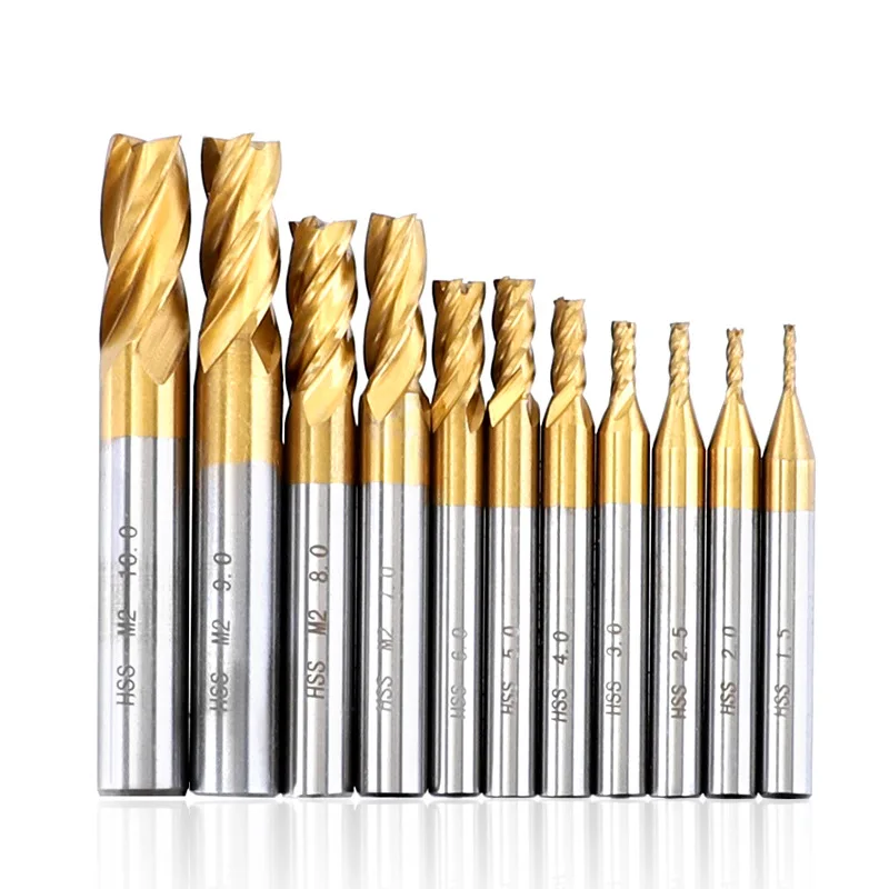 High-Speed Steel Four-Blade End Mill 1.5-10mm Titanium-Plated Straight Shank for Aluminum Milling CNC Controllable