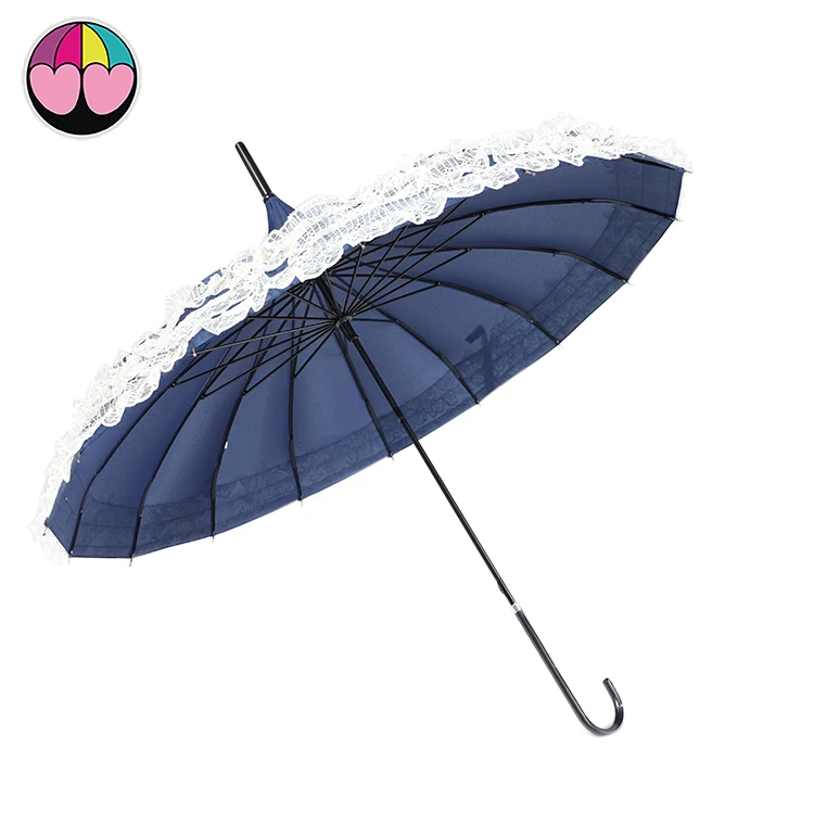 New idea design pagoda shape lace 21inches 16 ribs manual open ladies straight umbrella for wedding leather handle