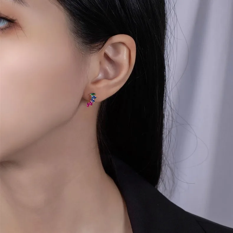 Trebdy design leaf cubic zirconia earrings stud cz colorful 925 sterling silver cubic zirconia stud earrings