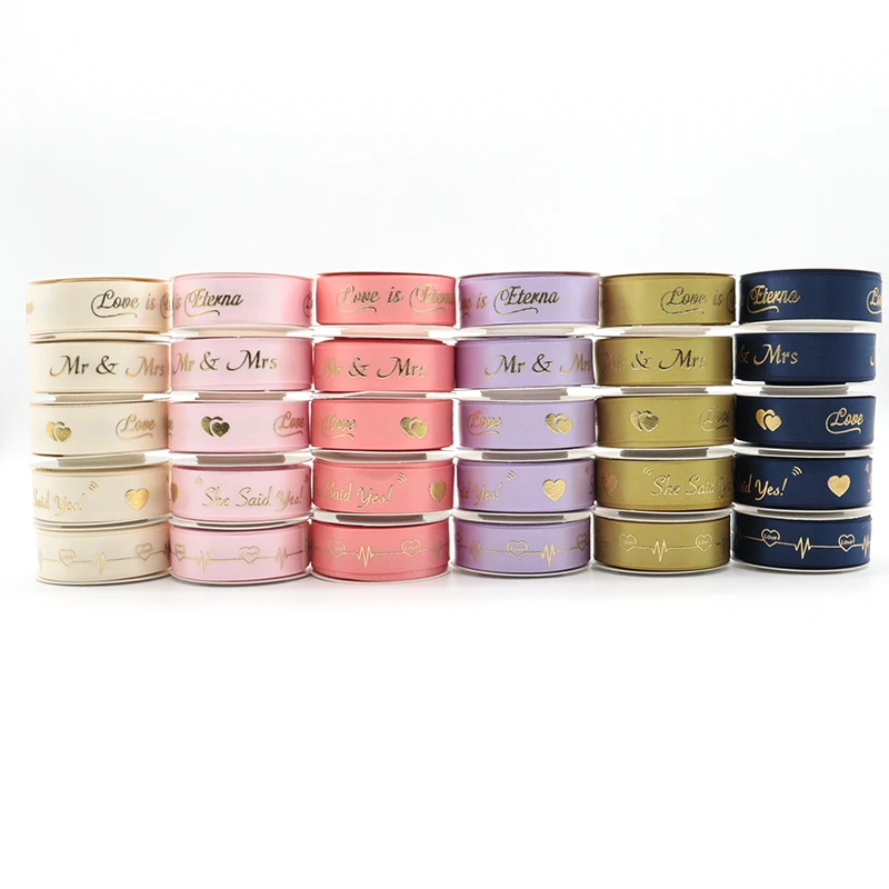 Wholesale Gold Foil Love Heart Custom Logo Printed Satin Ribbon For Home Wedding Decoration