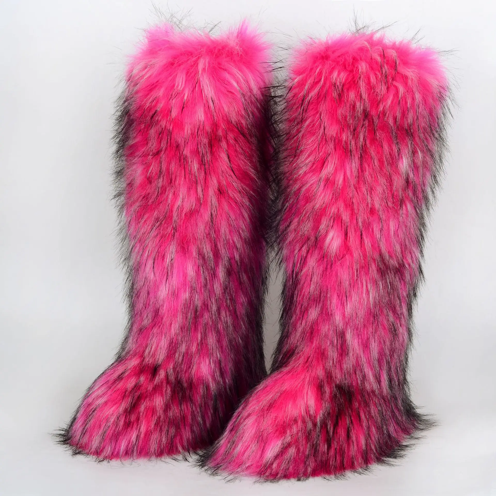 2024 new design luxury ladies winter warm hairy over knee boots faux fur flat casual Mongolian furry snow boots for women