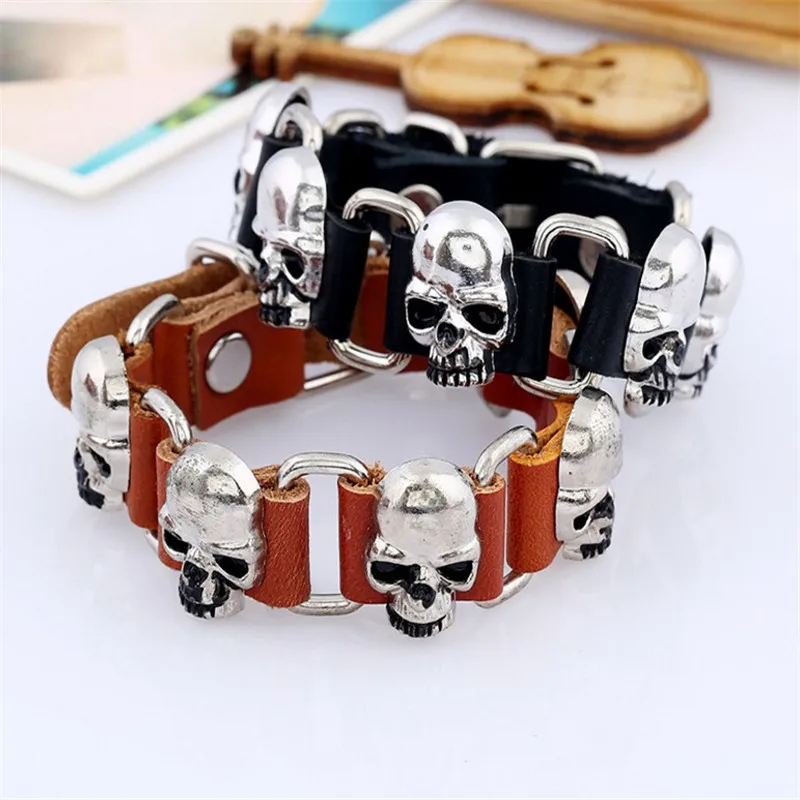 DUYIZHAO  Classic Skeleton  Leather Bracelet 15mm Punk Bracelet  Hip Hop  Bracelets    for Men  Daily Wear Cool Accessory