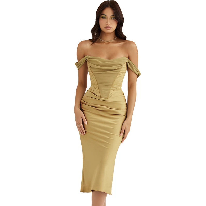 Sexy Off Shoulder Sleeveless Solid Satin Dress Sexy Backless Skinny Olive Mesh Bodycon Prom Dresses
