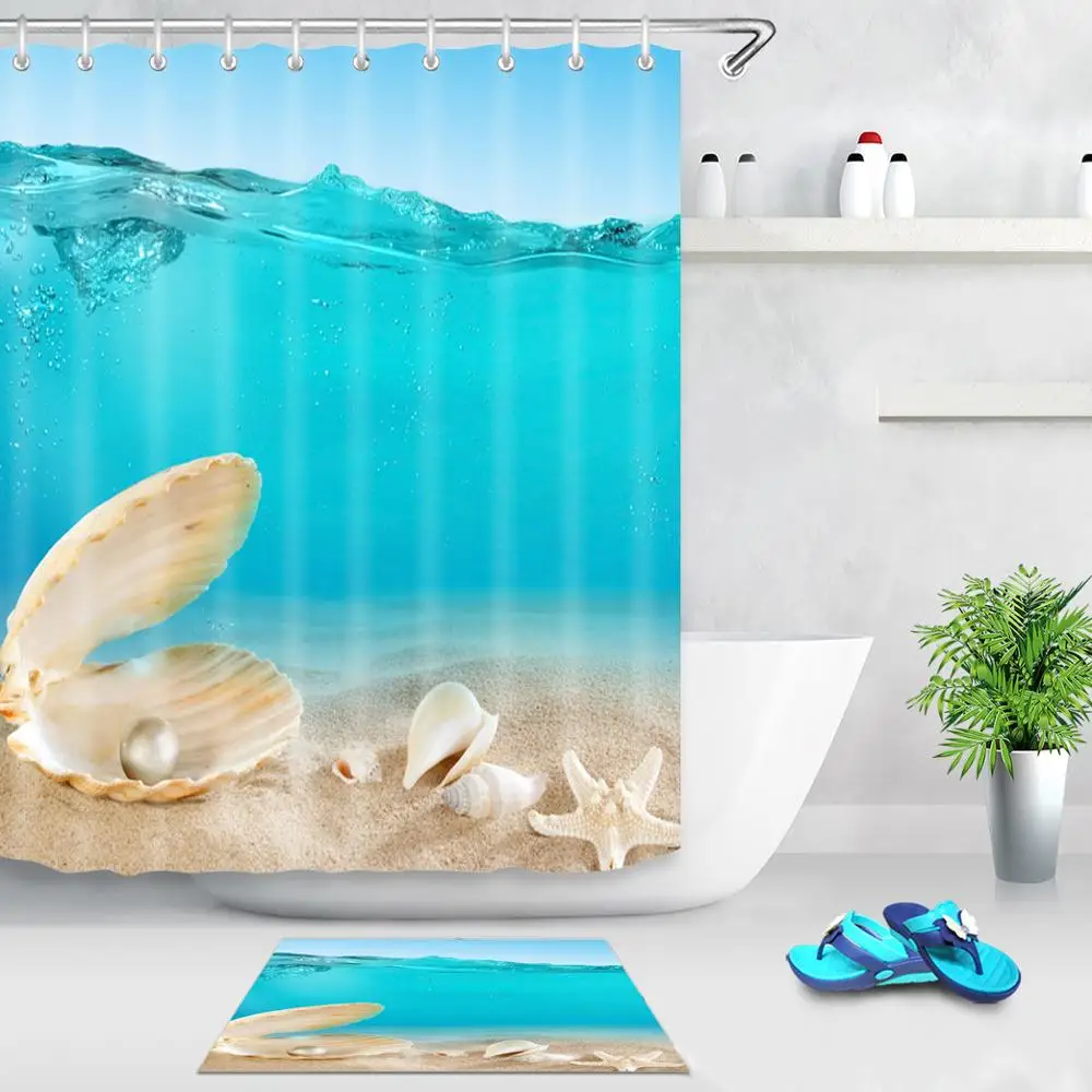 Yutong Ready Made 90gsm Polyester 3D Printing Curtain Waterproof Fabric Bathroom Printed Staifish Shell Beach Shower  Curtains