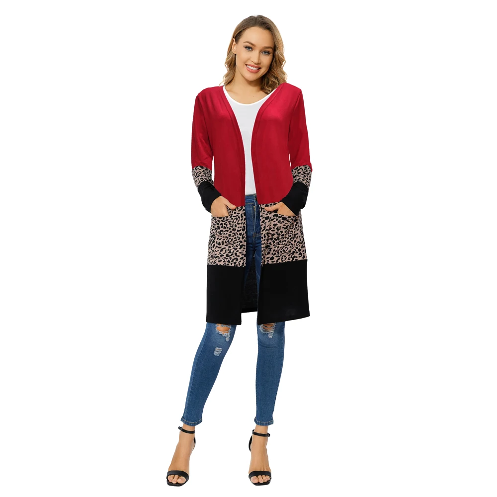 Womens Casual Open Front Draped Snap Knitted Maxi Duster Long Sleeve Leopard Print Plus Size Cardigan