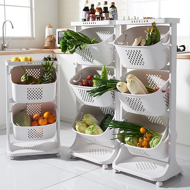 
3 Layers Basket Rolling Multi Purpose Laundry Cart Basket Hamper Bathroom Shelf Plastic Fruit Vegetable Storage Basket 