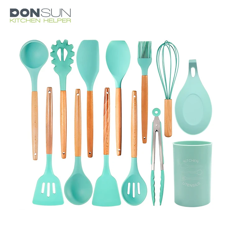 Amazon hot sale Cooking 13 Pieces Silicone Kitchen Utensils Set with plastic bucket