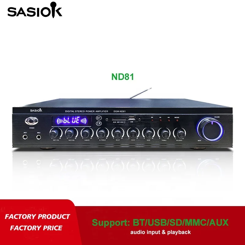 ND81 2.0 channel 160W Mic. echo/delay digital stereo karaoke amplifier with BT/USB/SD/MMC/AUS/FM radio/LED display functions.