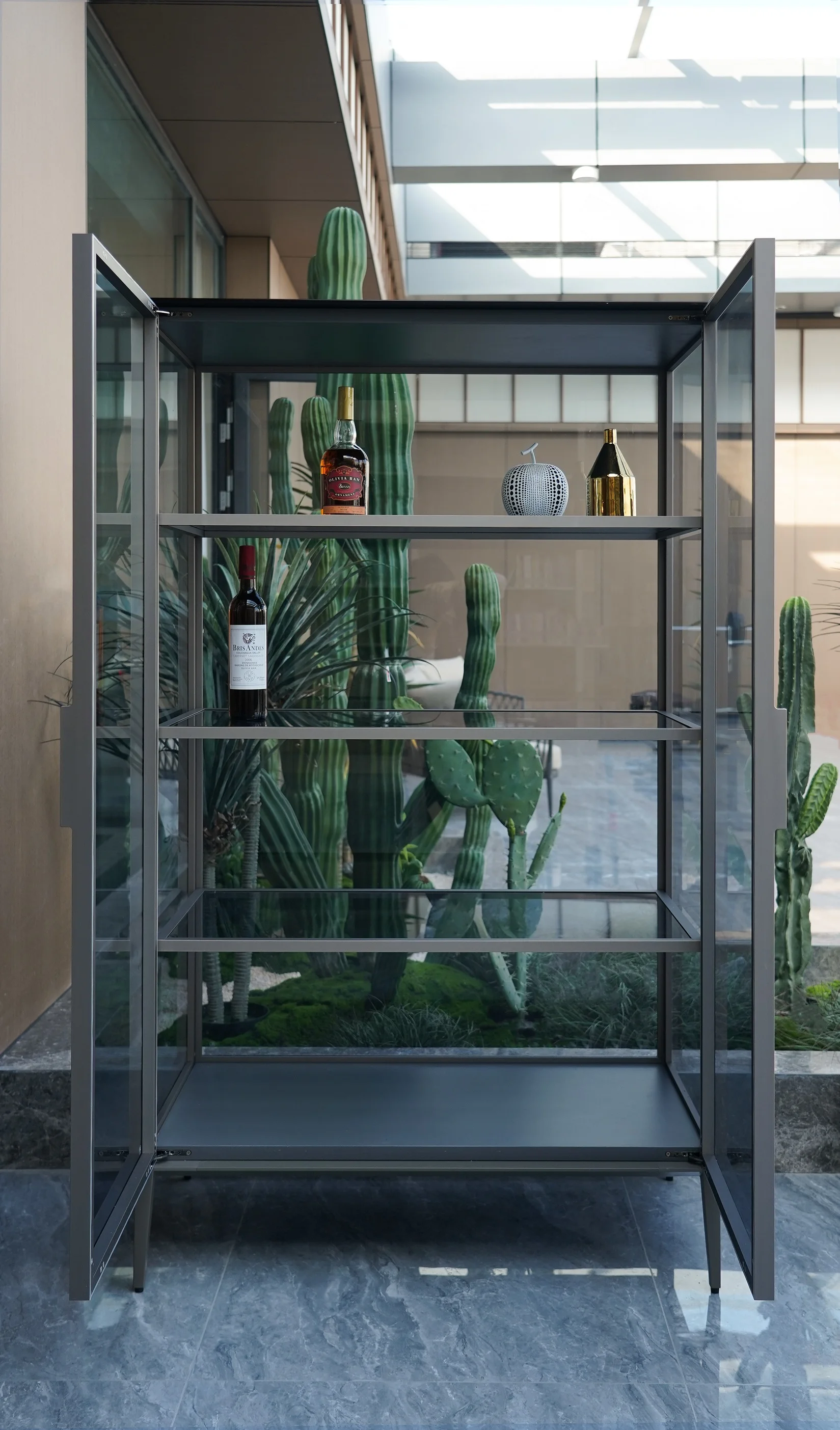 Factory customized luxury aluminum frame glass display cases wine jewelry toys storage Cabinet tempered glass display cabinet