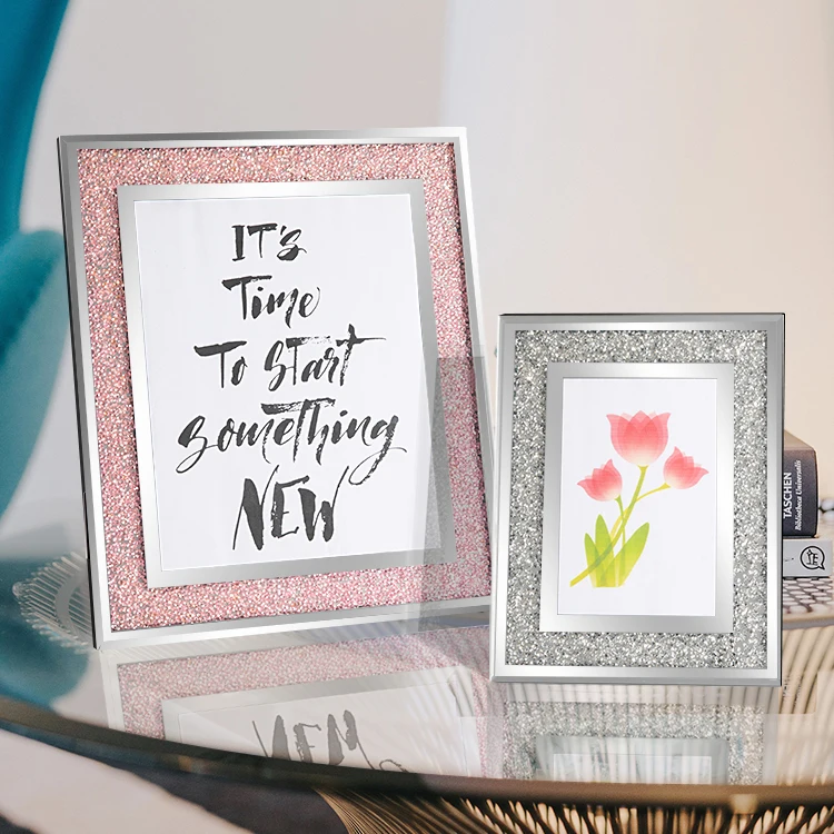 Декоративная рамка для фотографий 4x6 дюймов 5x7 дюймов 8x10 дюймов, Серебряный держатель для фото, стеклянное зеркало со сверкающими кристаллами, для настольного стола