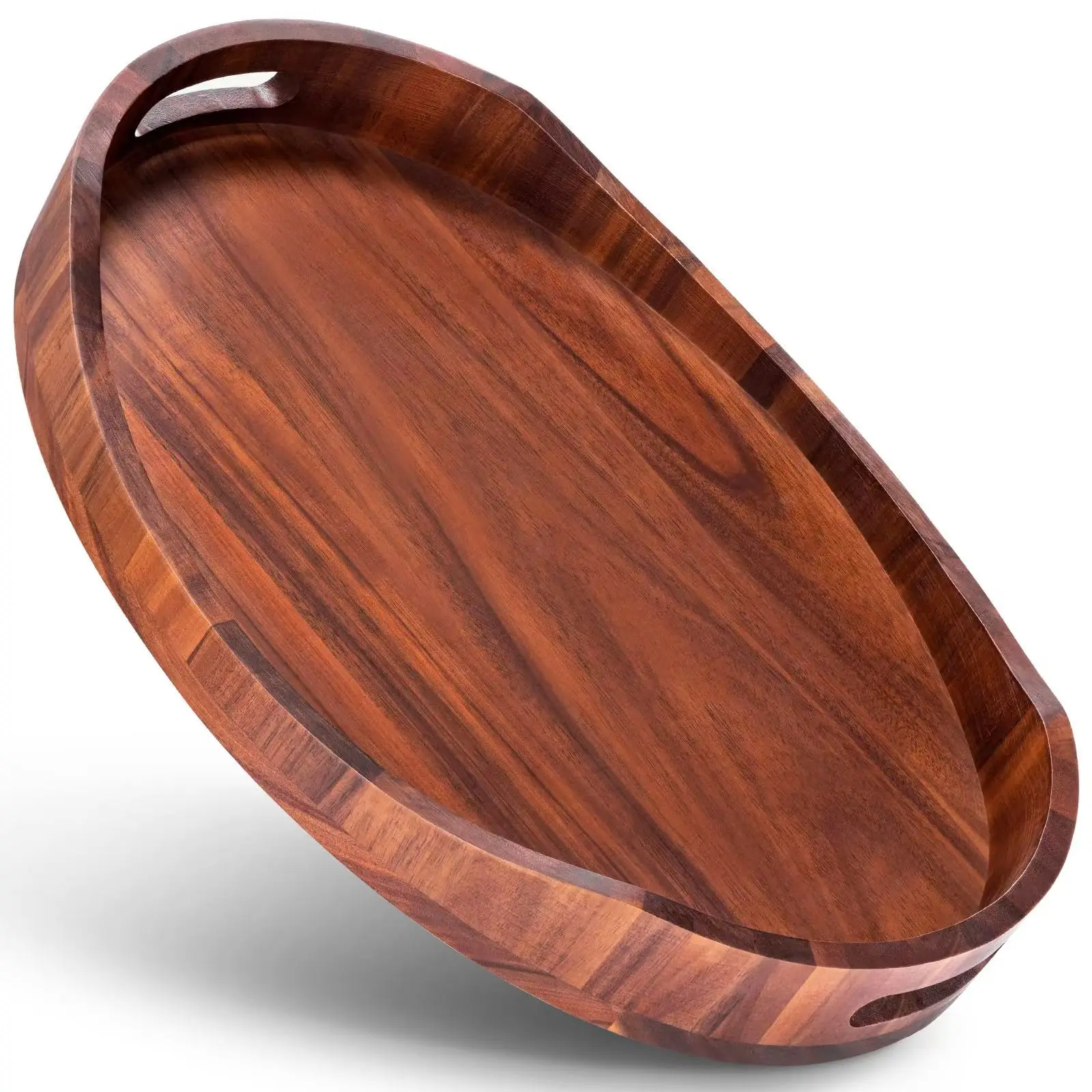 Modern Acacia Wood Serving Tray Handle Breakfast Snack Rectangular Dishes Plates Seagrass Oval Shape Bathroom Tray Banquet Tray