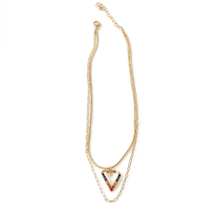 V&R Jewelry Juveloj Double Row Necklace Hear Pave Oval 18k Gold Plated Snake Chain Long Necklaces