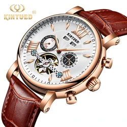 KINYUED J017-4 Gold Case Black Dial Leather Strap Complete Calendar Skeleton Waterproof Wristwatches montre homme