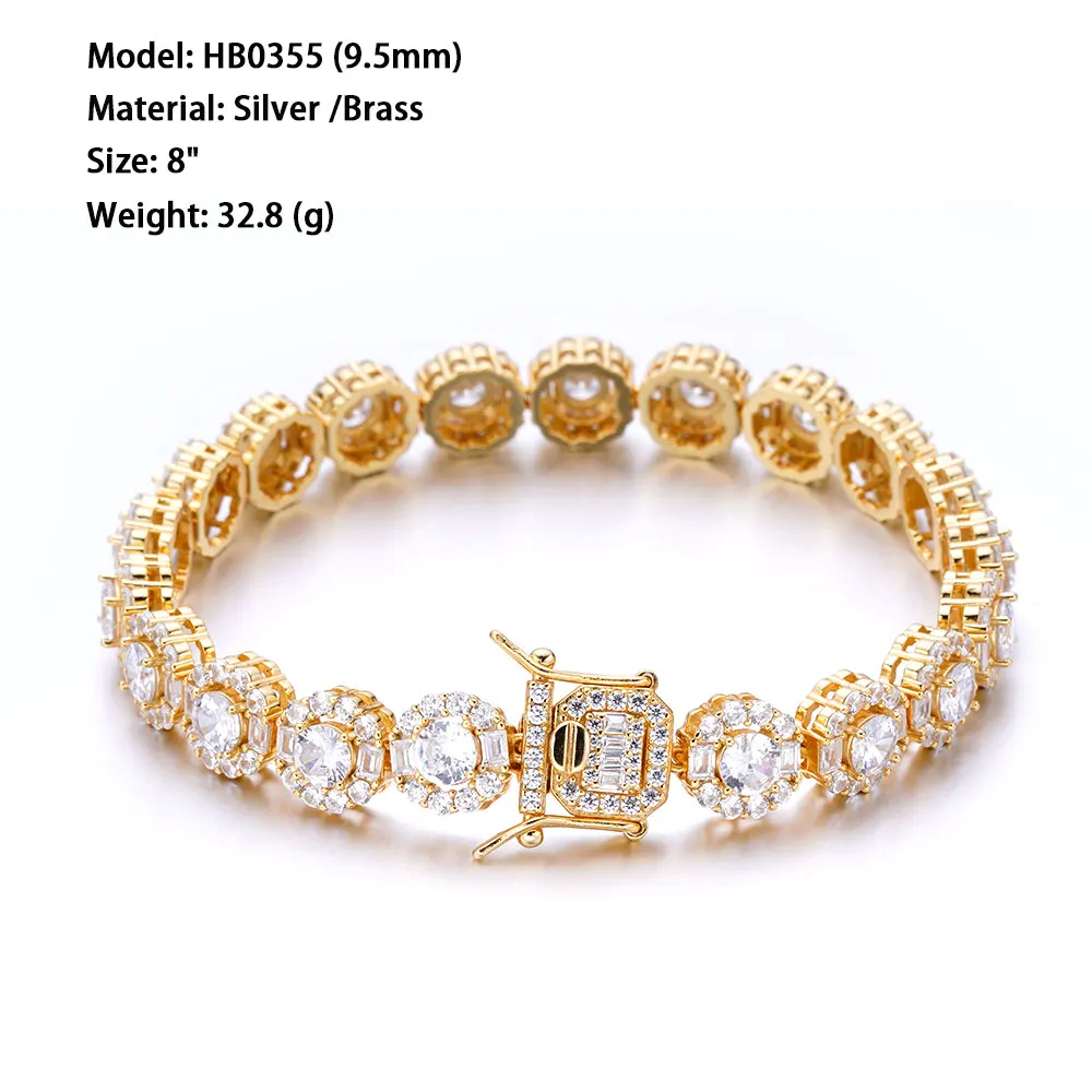 Hip Hop Jewelry 9.5mm Iced Out Zircon Diamond Bling Cluster Circle 925 Sterling Silver Tennis Chain Round Bracelet for men
