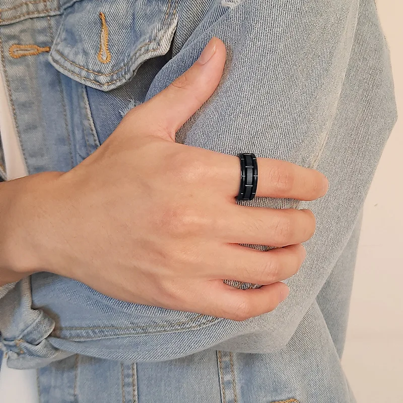 Factory Custom Wholesale Unique Tire Tread Tungsten Carbide Black Plated Men Finger Rings
