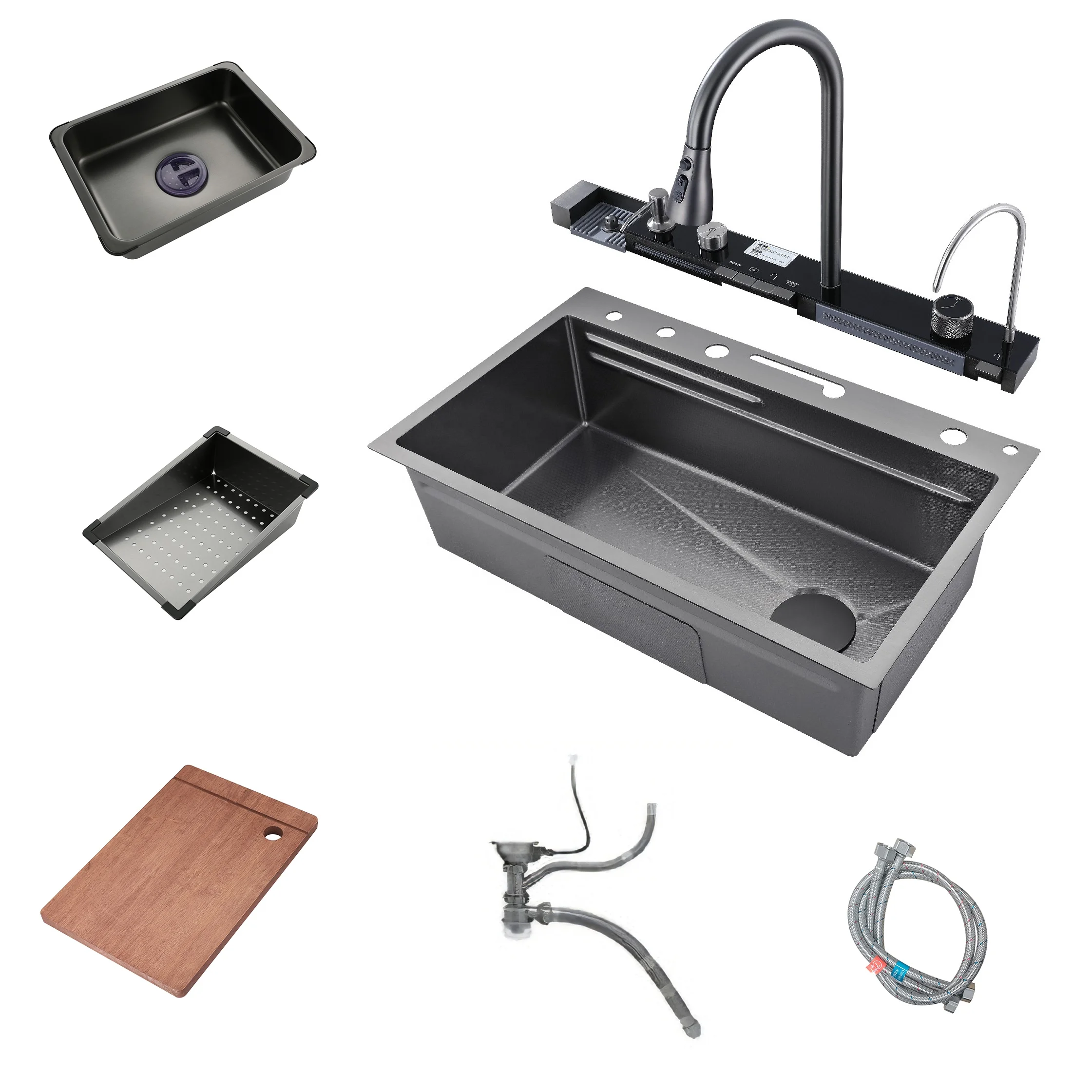 Voriva SUS304 handmade kitchen sink nano black glass washer sink defrosting board kitchen tap Multifunction kitchen sink set