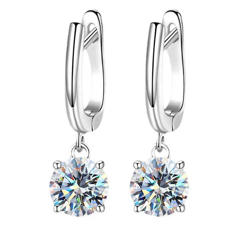 De D Color Pass Diamond Tester VVS 2ct Earring S925 Round Brilliant Cut Moissanite Plain Loop Dangle Ear Stud Earrings