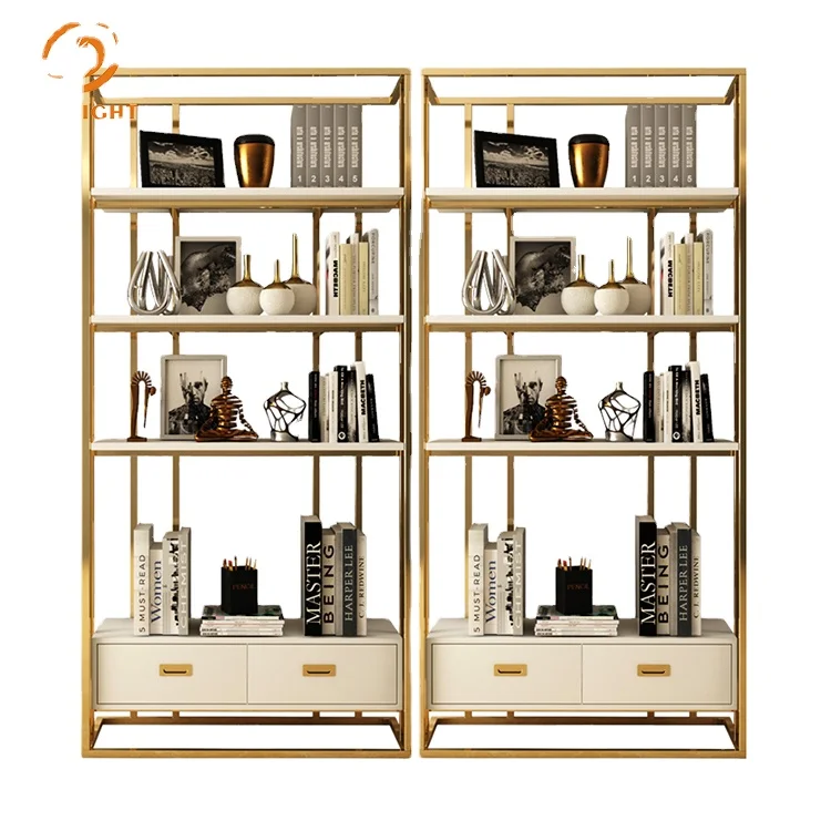 wholesale custom simple modular high end stainless steel wall golden book shelf mdf wood bookshelf for office decoration