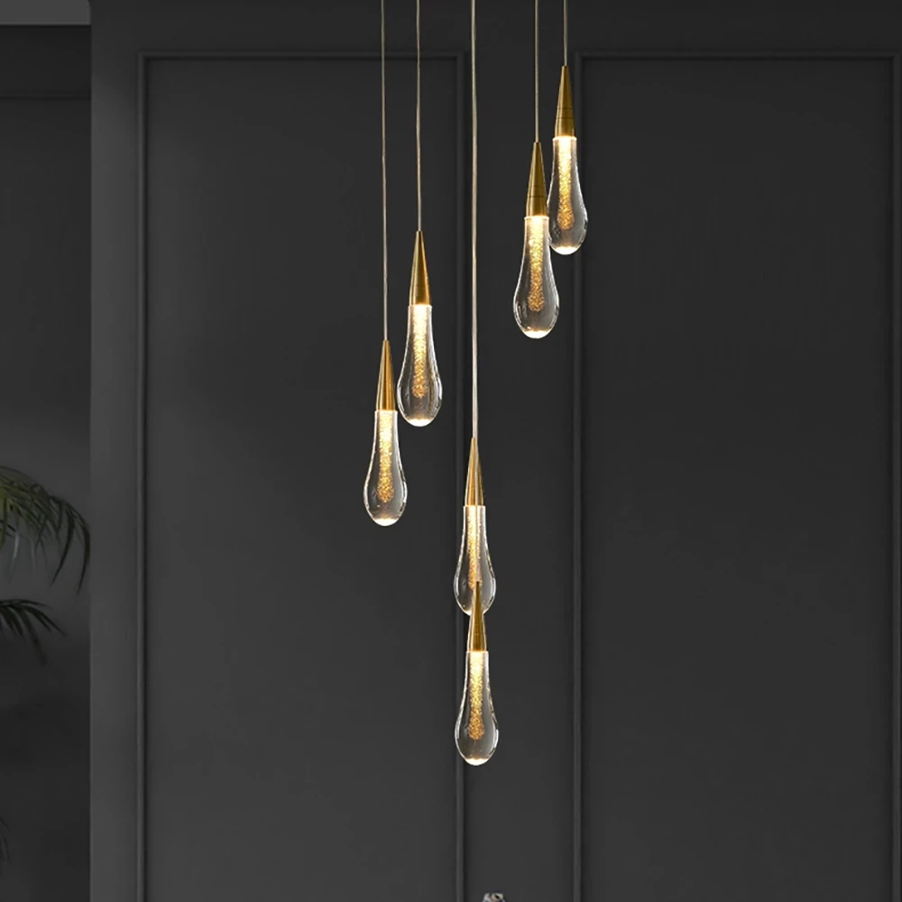 Customizable post-modern cristal led water drop pendant light staircase lamp