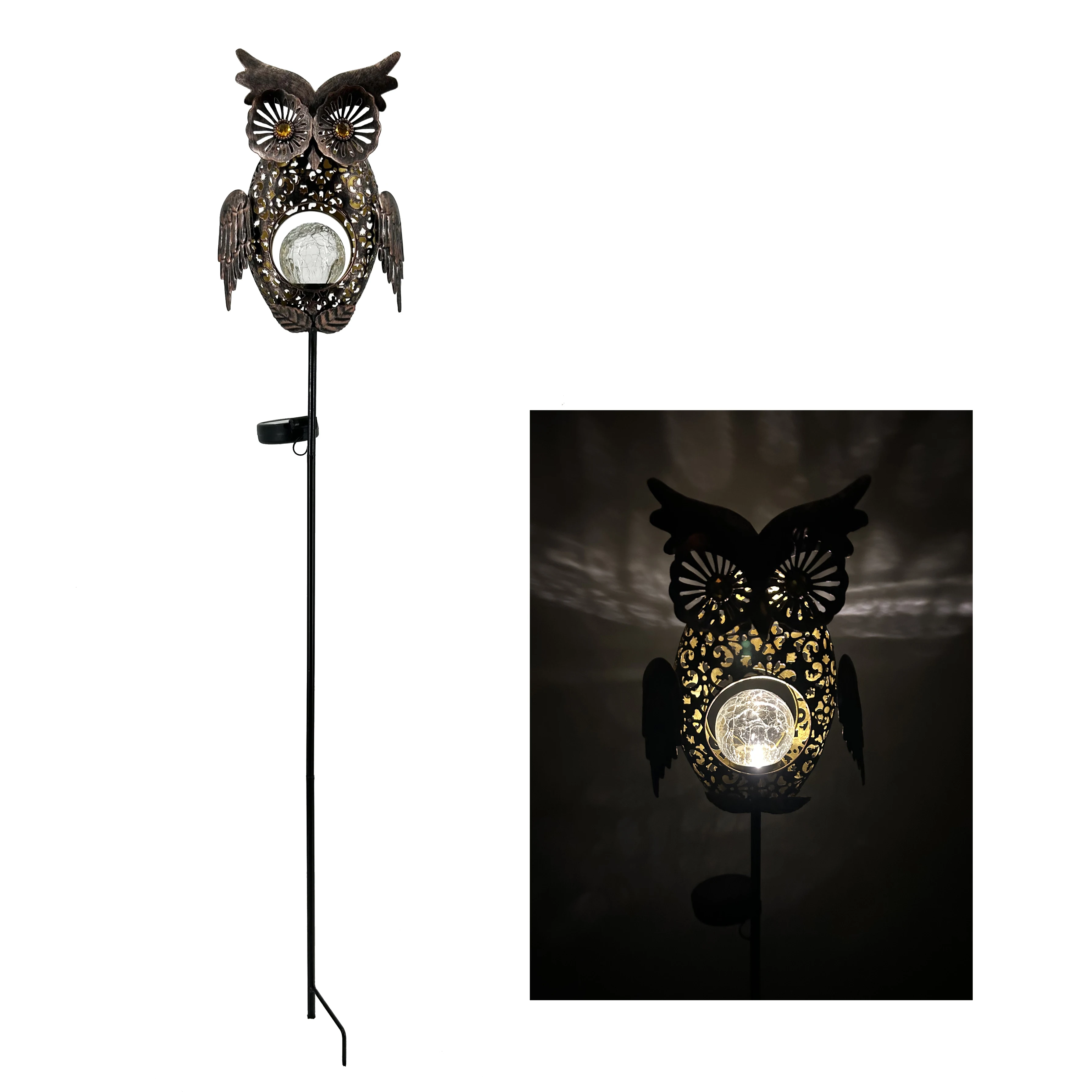 New Waterproof Metal Butterfly & Hummingbird & Owl & Snail with Crack Ball Solar Light Stake for Garden Ornaments