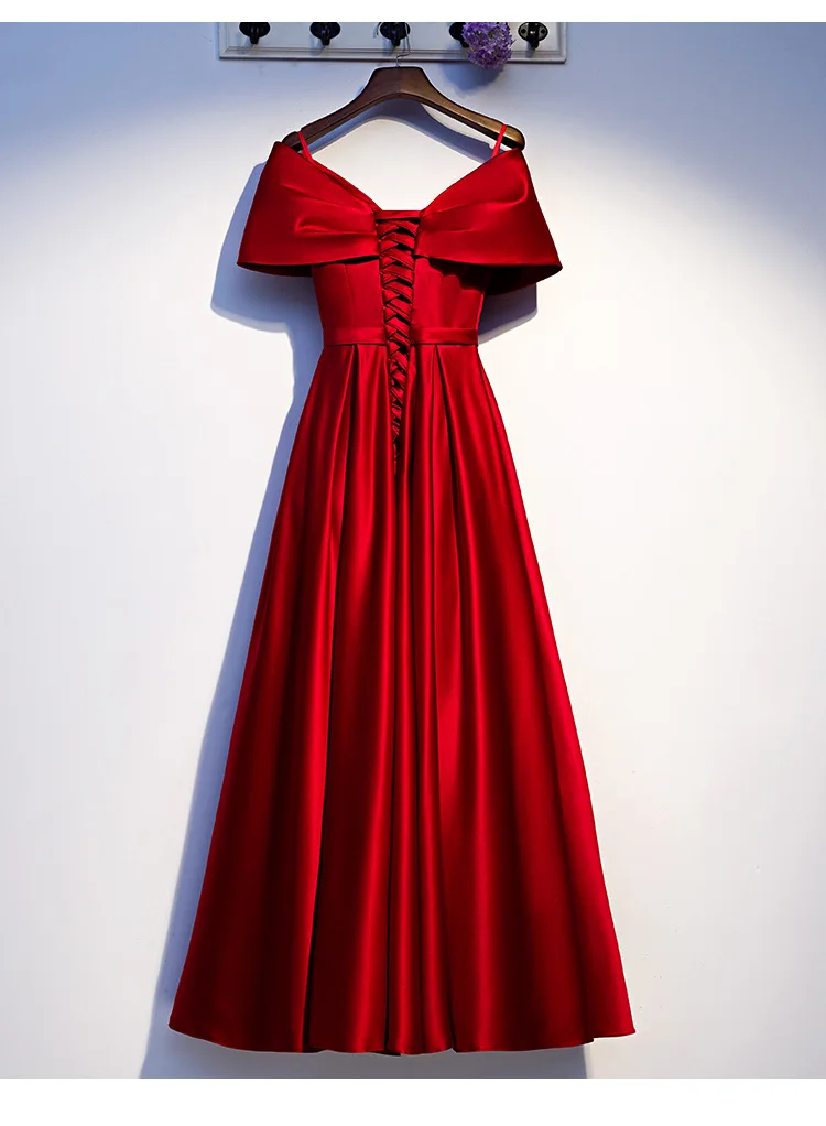deep-v off shoulder A line red satin pleat elegant ethos slim prom dresses evening dress