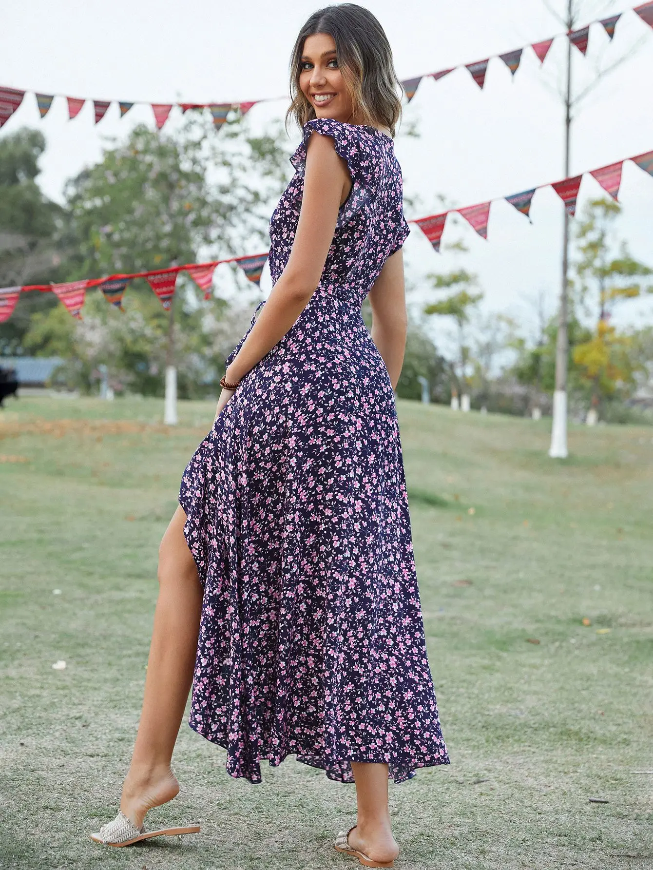Boho High Waist RAYON Flower Print Women Dress Summer Lace-up Sundress 2022 Fashion Wrap Asymmetric Long Flowy Summer Dresses