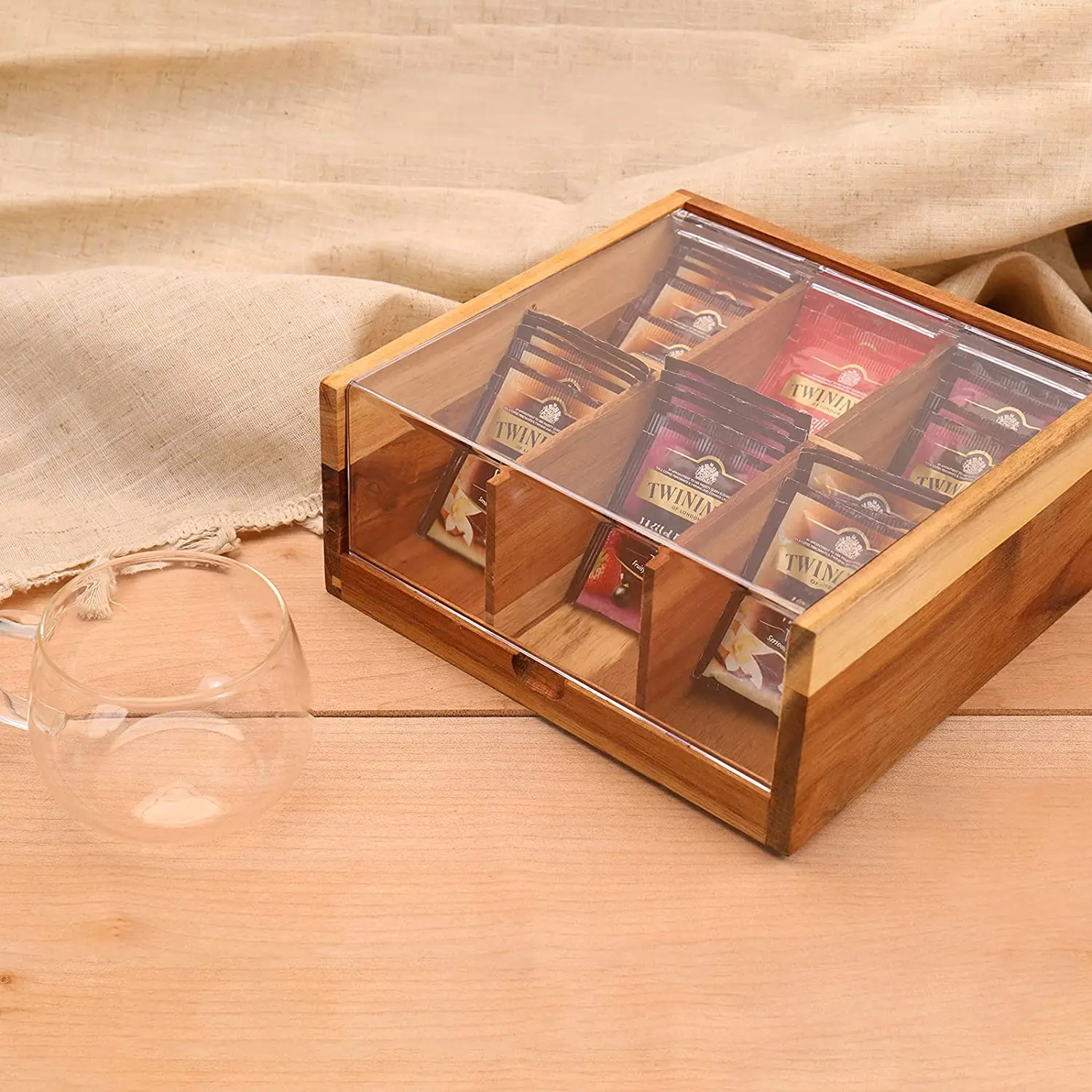 Top Seller Custom Acacia Pantry Tea Organizer With Clear Window Top Wood Tea Bag Organizer Storage
