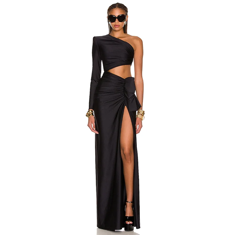 Spring Summer One Shoulder Long Women Dress Cutout High Split Cocktail Evening Dresses