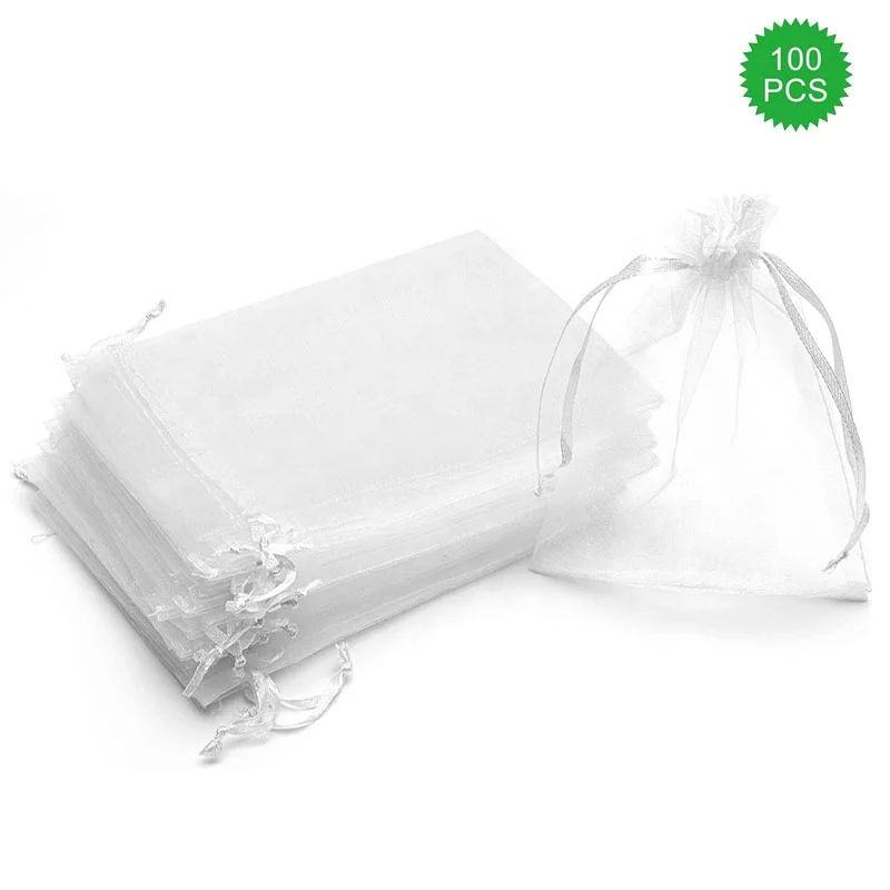 Silver Drawstring Organza Gift Pouch Custom Organza Packaging Bag With Printed Ribbon gift Jewelry bag
